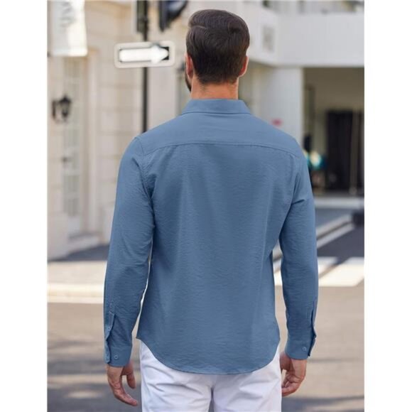 Men's Casual Long Sleeve Button Down Shirts Linen Dress Shirt Beach - Picture 4 of 6